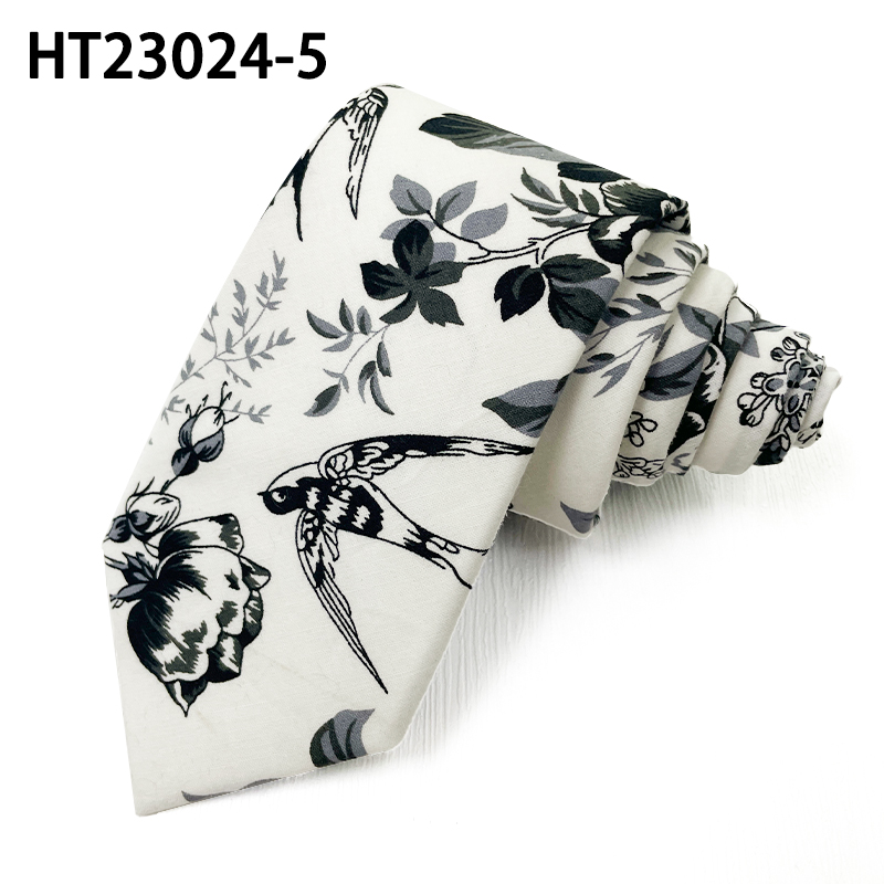 White flowers black cotton necktie