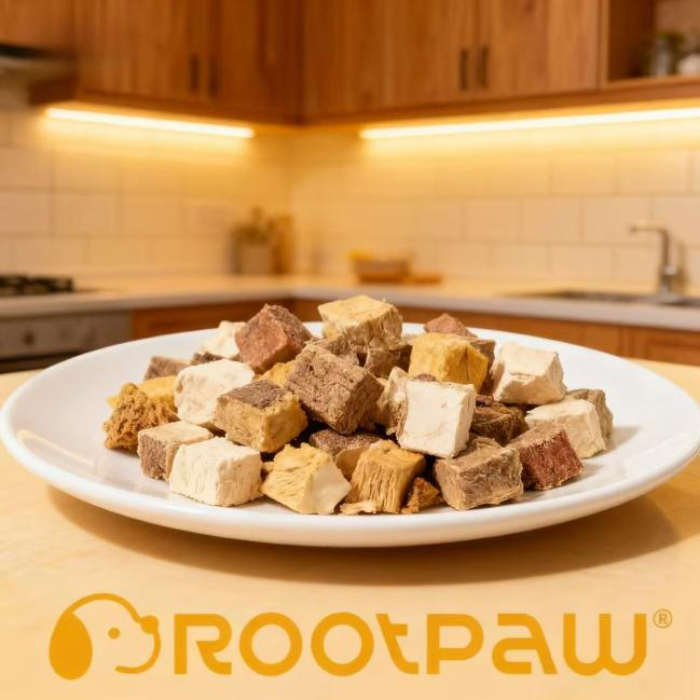 Alimento per gatti proteico liofilizzato a doppia miscela