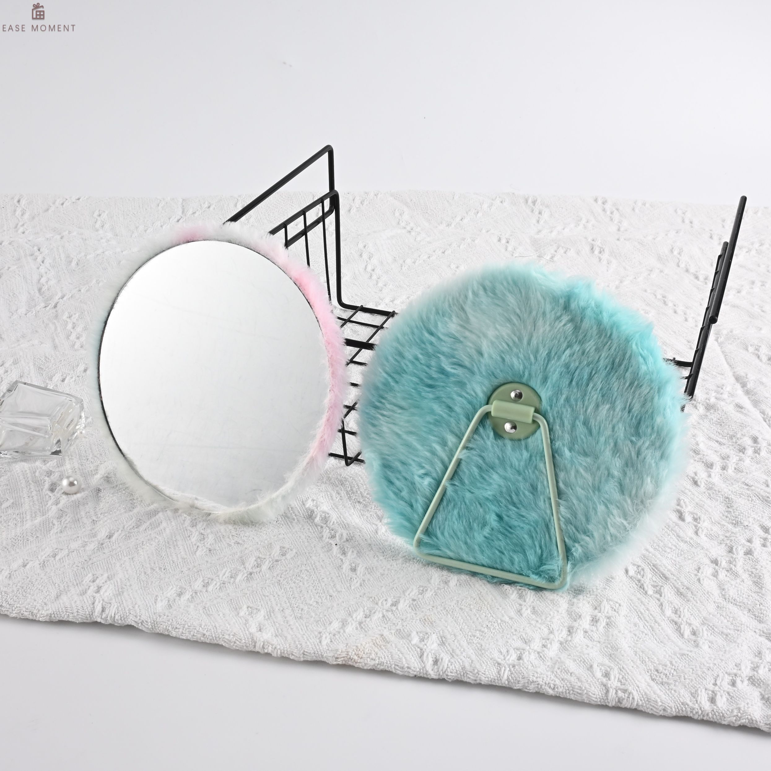 Round plush tabletop mirror