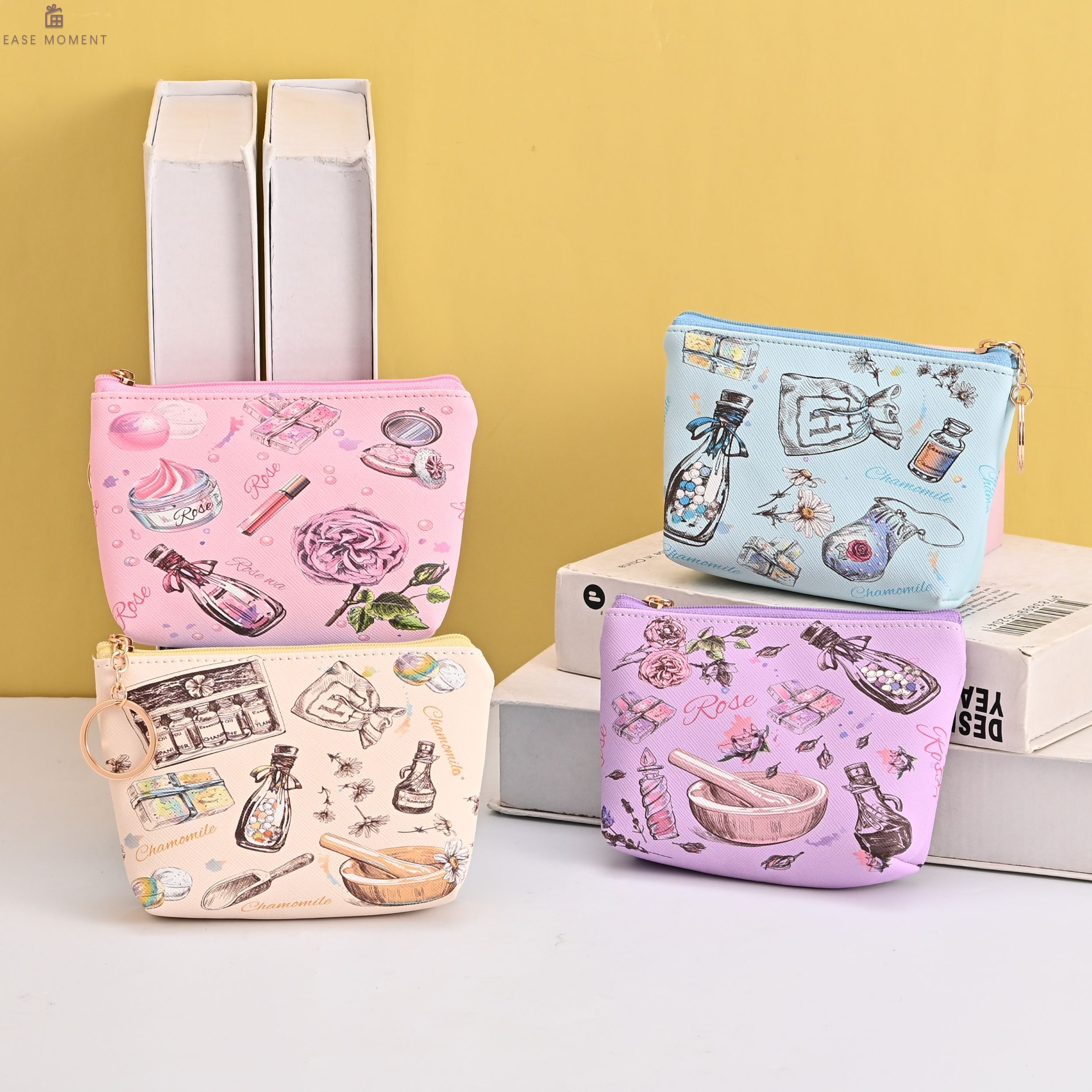 Delicate Printed Leather Cosmetic Pouch with Zipper