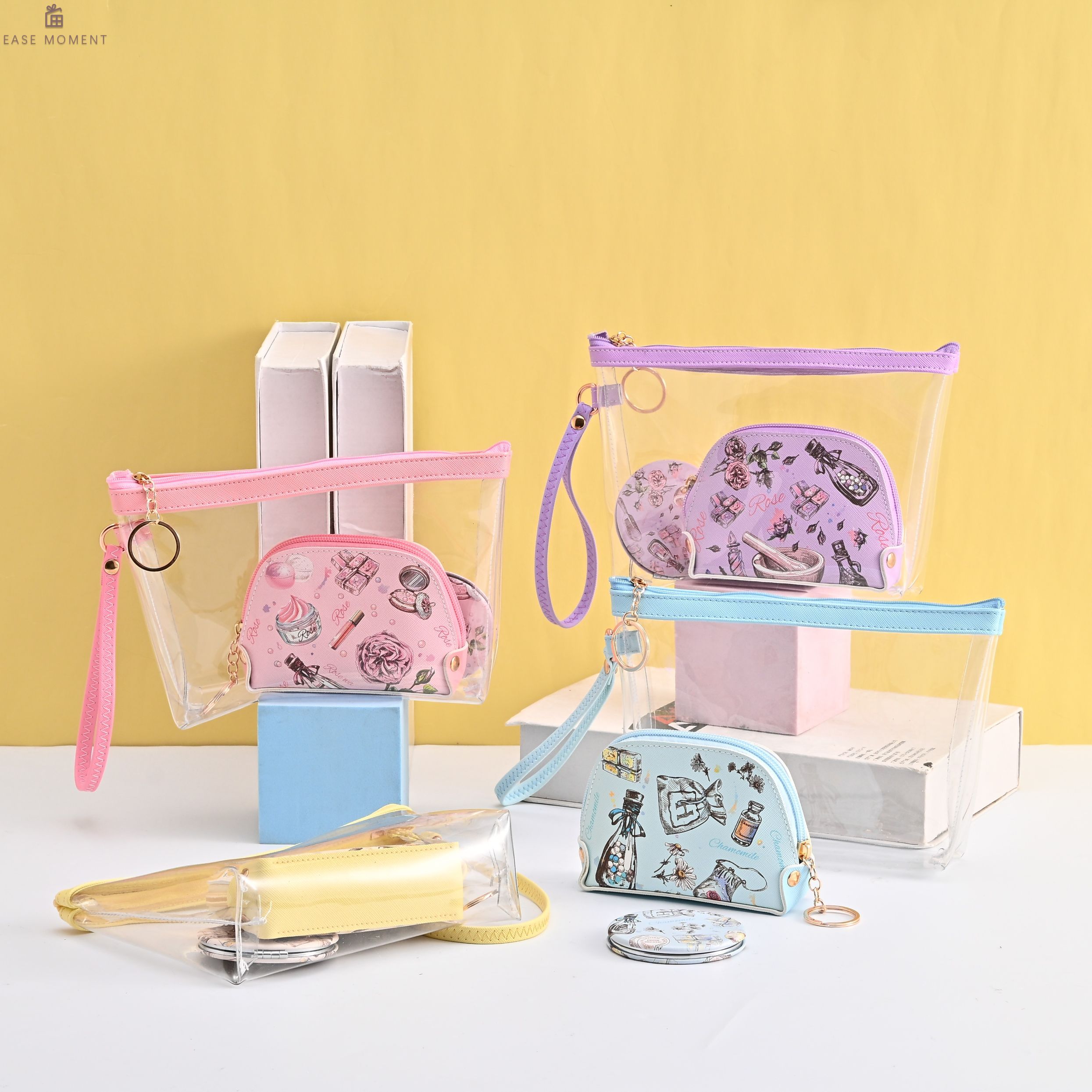 3-Piece Makeup Set with Clear Pouch & Leather Double-Sided Mirror ...