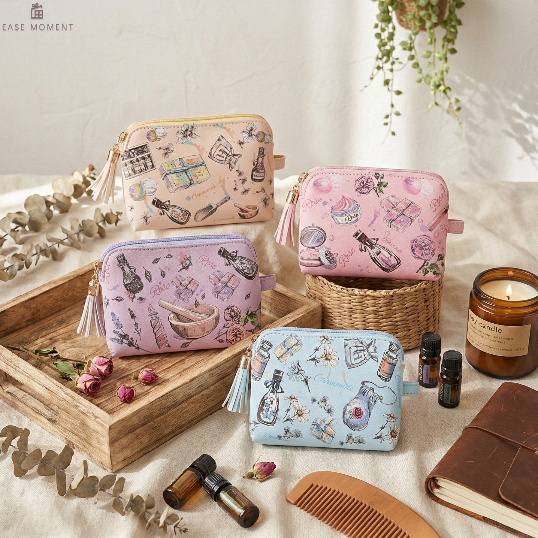 Vintage Herb Print PU Leather Cosmetic Pouch