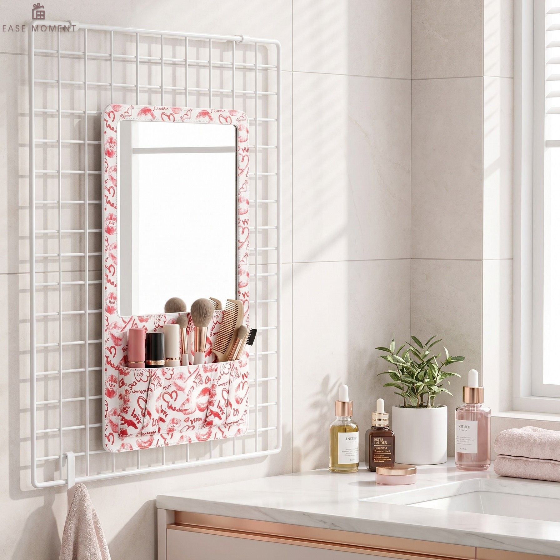 Leather Wall-Mounted Makeup Mirror with Storage Pockets