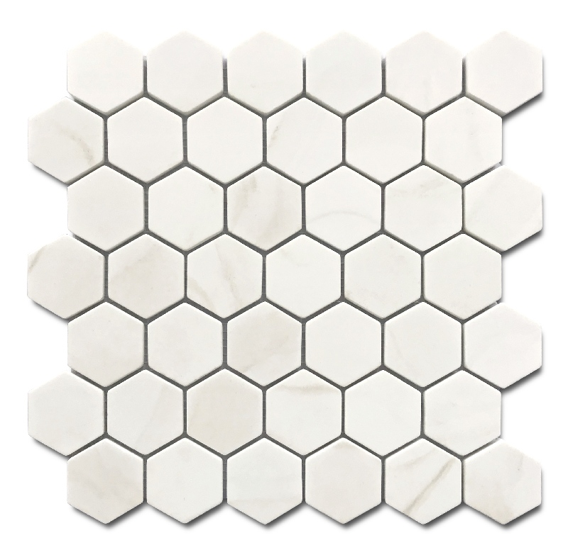 Calacatta Gold 2″x2″ Hexagon Recycled Glass Mosaic