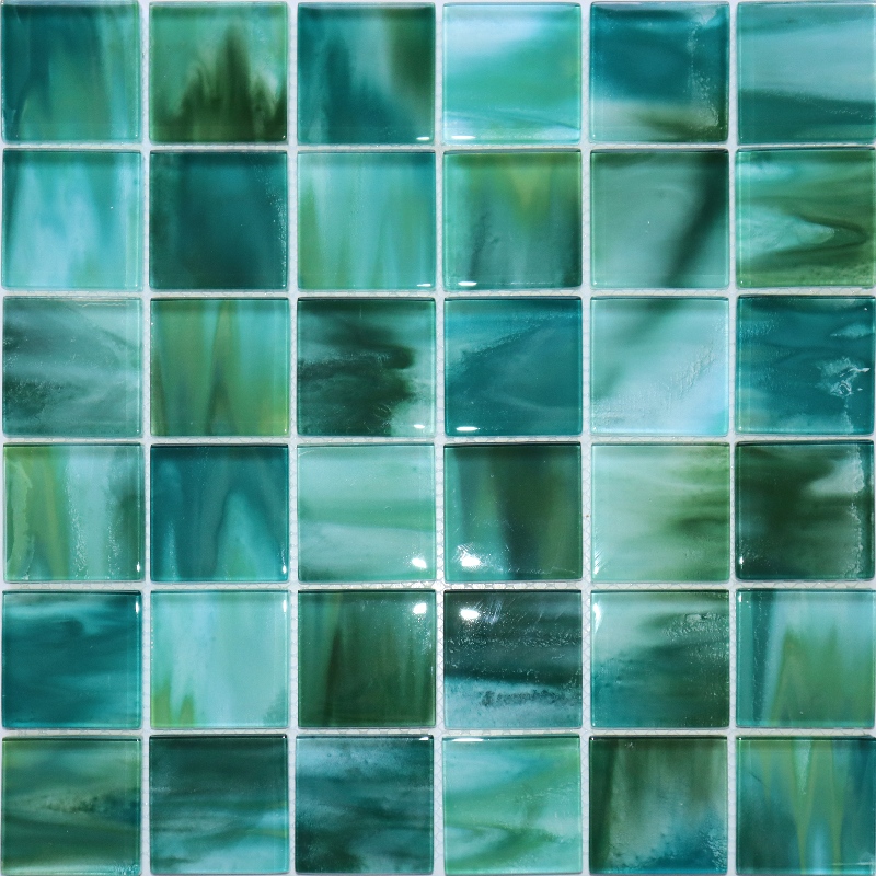 Square Teal&Green Watercolor Ombre Glass Mosaic Tile