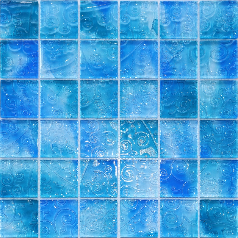 Square Ocean Blue&Plant patterns Glass Mosaic Tile