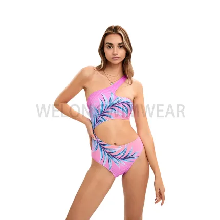 One Shoulder Strapped Print One Piece Swimsuit