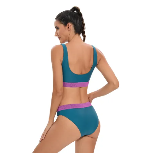 Playful High Waisted Bikini Swimsuit With Color Block Pattern For Women | UK