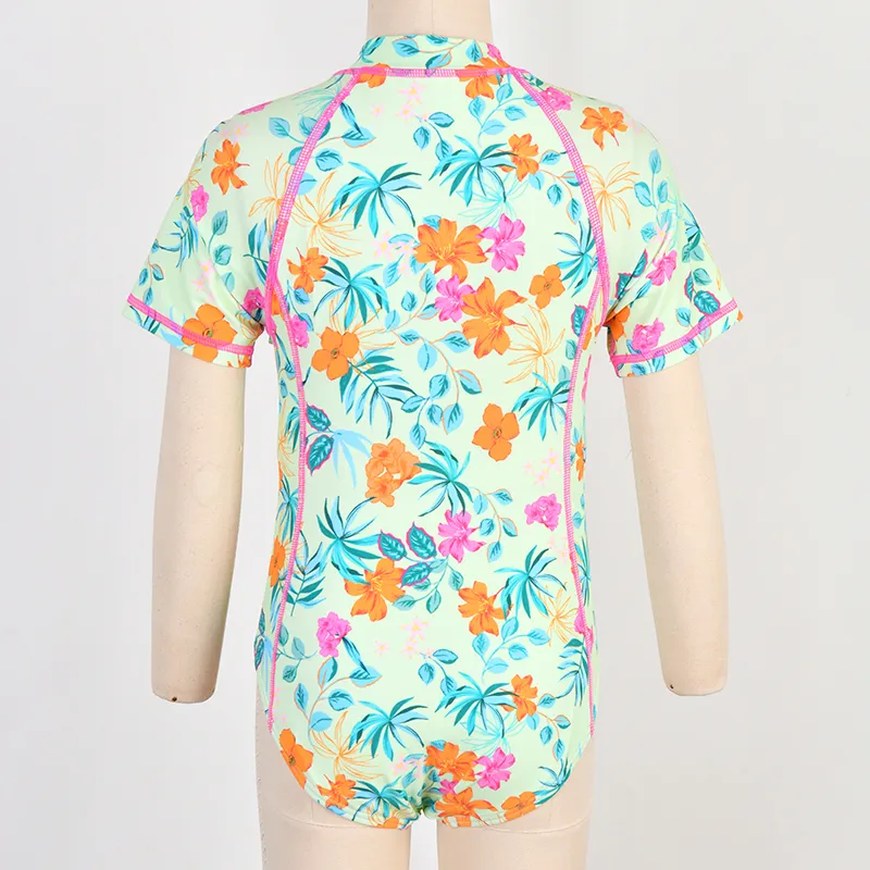 Girls' Contrasted Plain Color Short Sleeve Rashguard