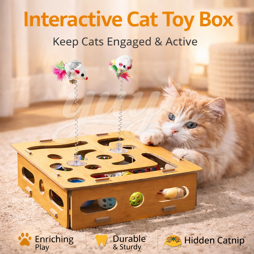 Interactive Wooden Cat Puzzle Feeder Box, Enrichment Toy for Indoor Cats