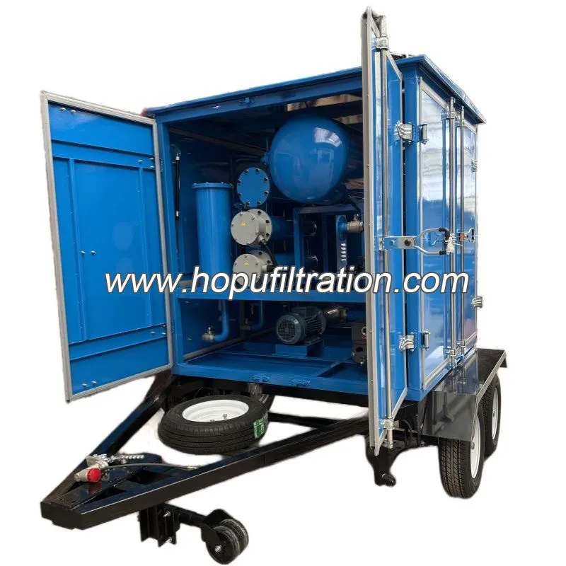 Usine de filtration d'huile de transformateur sous vide montée sur roues sur remorque mobile, unité mobile de nettoyage d'huile