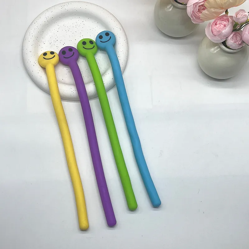 TPR stretch- en buig-stress-verlichting smiley-speeltje met lange stok 