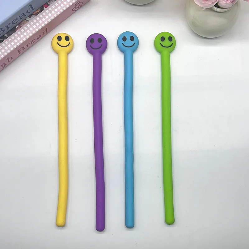 TPR stretch- en buig-stress-verlichting smiley-speeltje met lange stok 