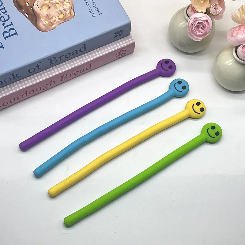 TPR stretch- en buig-stressverlichtend smiley-speeltje met lange stok 