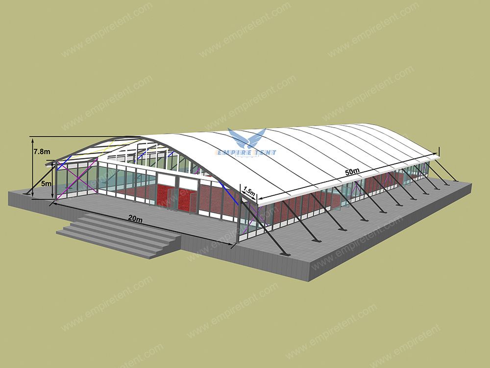 Design of Arcum tent 20x50m with reinforced frame to withstand wind speed at least 130km/h.