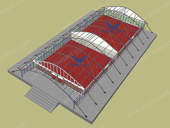 Design of Arcum tent 20x50m with reinforced frame to withstand wind speed at least 130km/h.