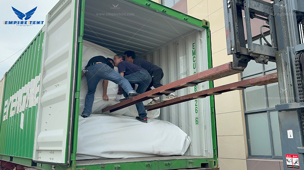 a large tent 30x35m with insulated roof and sidewalls in 3 containers for shipment to UK