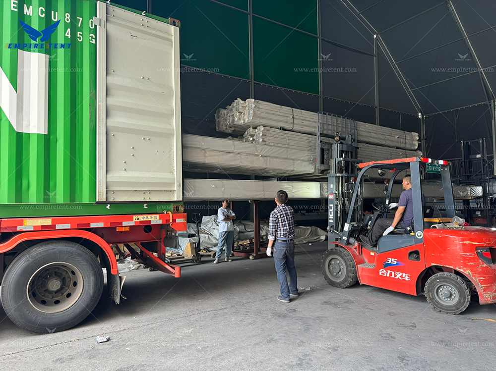 a large tent 30x35m with insulated roof and sidewalls in 3 containers for shipment to UK