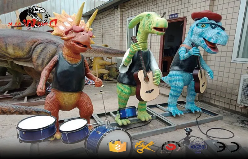 nueva banda de dinosaurios cantando estilo de dibujos animados para parque de diversiones