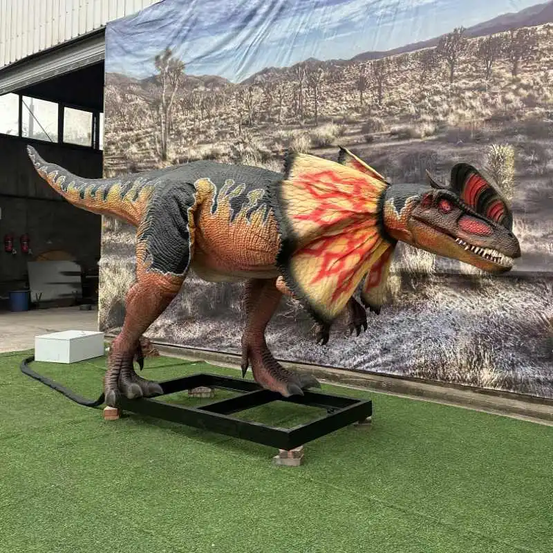Modelo de dinosaurio dilofosaurio animatrónico realista de alta gama para parque temático