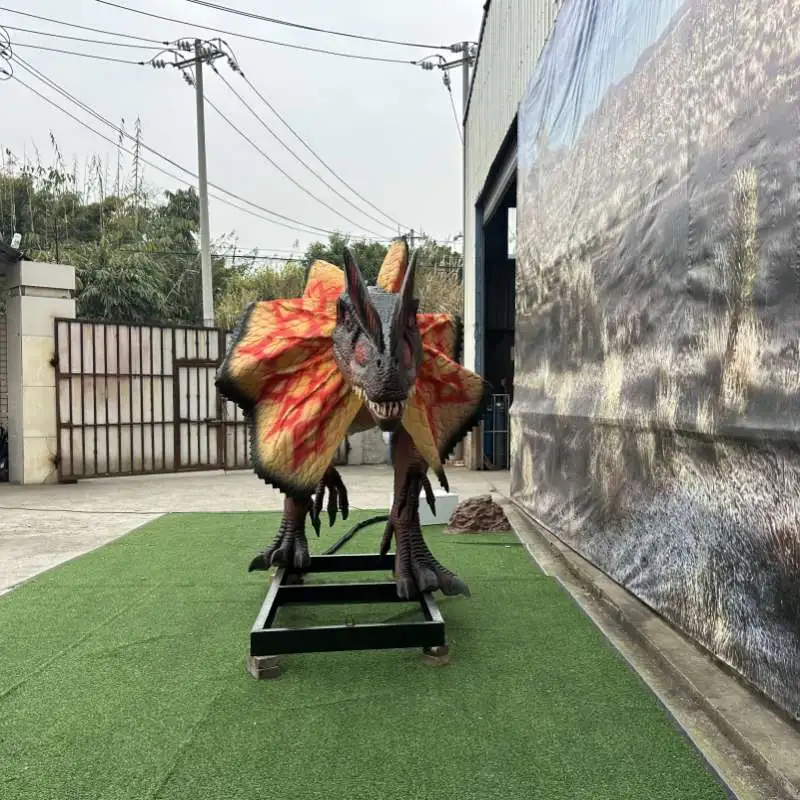 Modelo de dinosaurio dilofosaurio animatrónico realista de alta gama para parque temático