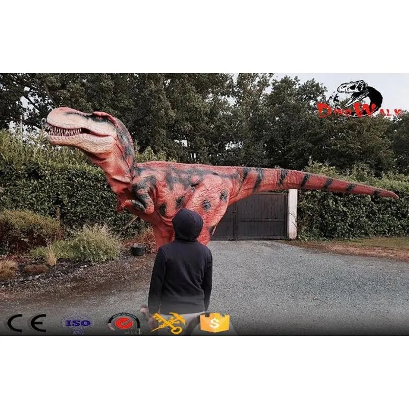 Traje de dinosaurio realista con patas ocultas y accesorios de dinosaurio