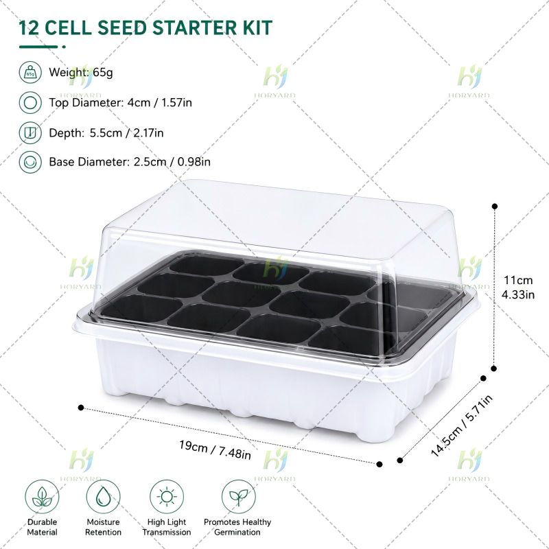 12-Zellen-Saatgut-Startertablett-Kit mit Feuchtigkeitskuppel und Tropfschale
