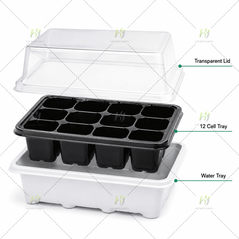 12-Zellen-Saatgut-Startertablett-Kit mit Feuchtigkeitskuppel und Tropfschale