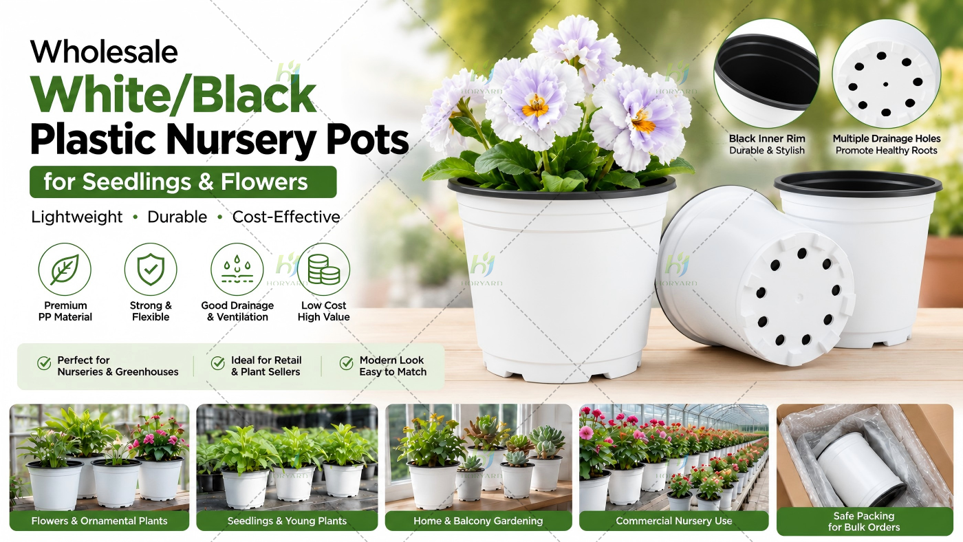 Großhandel mit flexiblen weißen/schwarzen Kunststoff-Kindertöpfen für Setzlinge und Pflanzen. Blumen