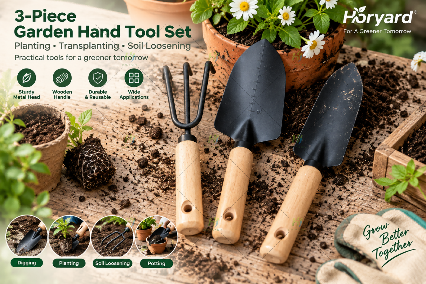 3-teiliges schwarzes schweres Gartenwerkzeugset (Kelle, Umpflanzer, Kultivator)