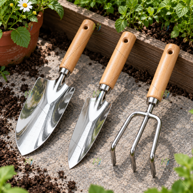3-teiliges Edelstahl-Gartenwerkzeugset mit Holzgriffen