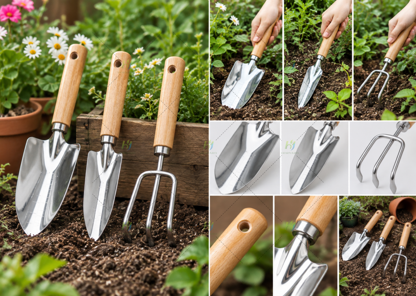 3-teiliges Edelstahl-Gartenwerkzeugset mit Holzgriffen