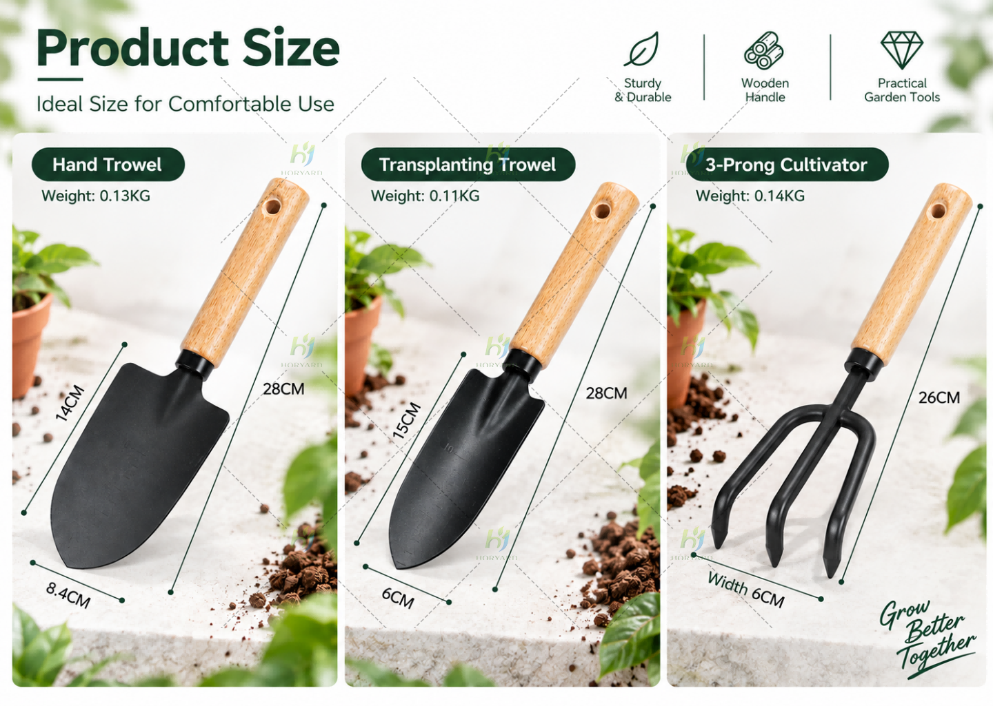 3-teiliges schwarzes schweres Gartenwerkzeugset (Kelle, Umpflanzer, Kultivator)
