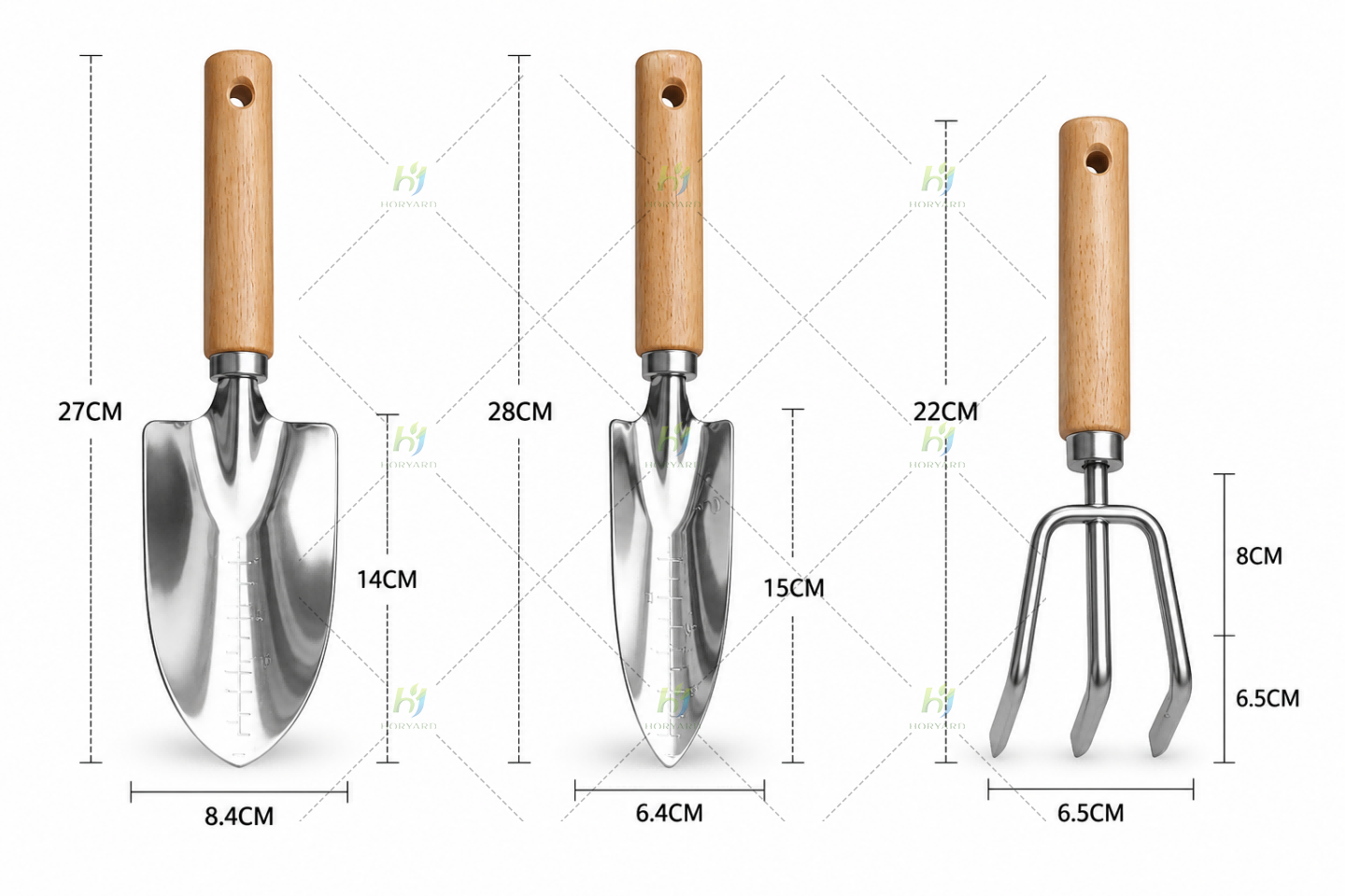 3-teiliges Edelstahl-Gartenwerkzeugset mit Holzgriffen