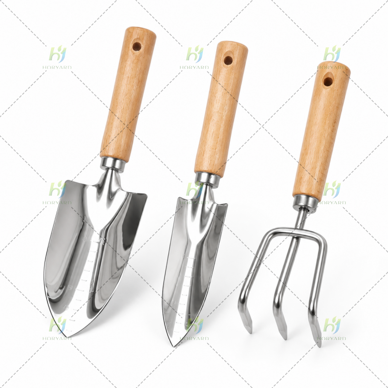 3-teiliges Edelstahl-Gartenwerkzeugset mit Holzgriffen