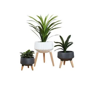 Stoneware Planters With Wood Stands -WR17BF