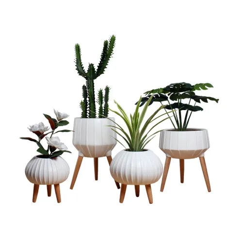 Stoneware Planters With Wood Stands WR24B