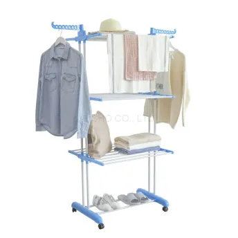 Movable 3 layer Powder Coated Steel cloth Airer with 4 wheels and 2 extra plastic hanging hooks