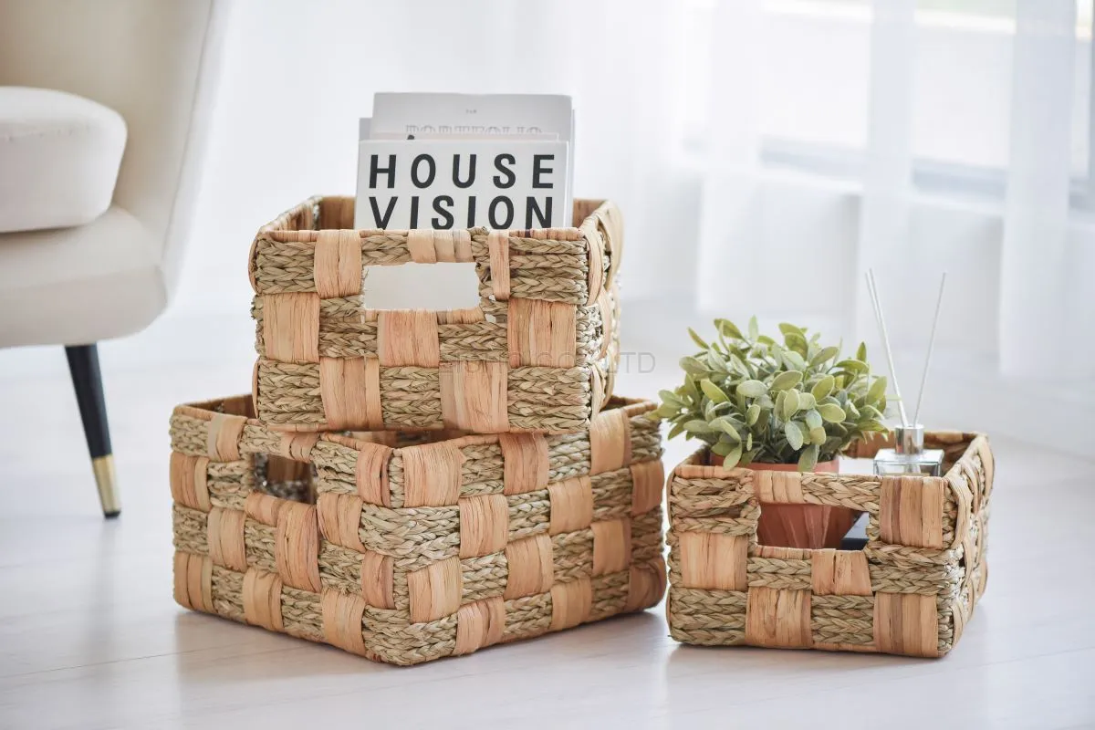 Square Water Hyacinth Seagrass Baskets Set